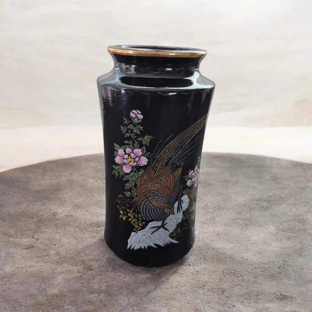 Japanese Black Vase with Floral and Bird Design - Picture 7 of 7